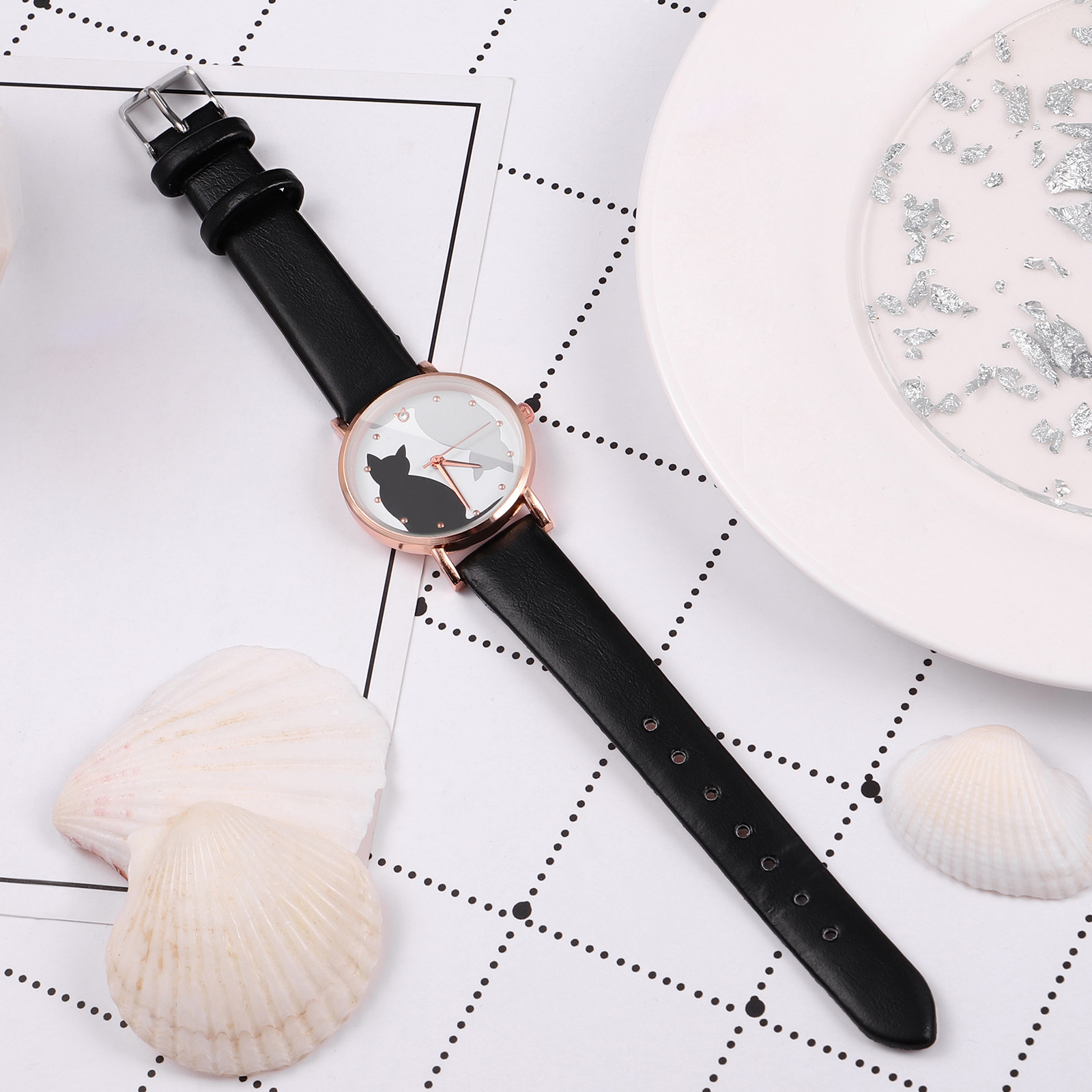 사랑스러운 만화 고양이 어린이 시계 검정색 인조 가죽  - Luxury Watch Kids 리뷰 및 가격